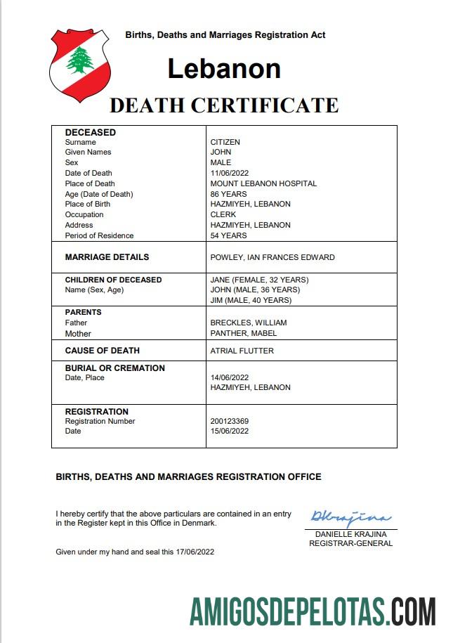 Para baixar modelo Word e PDF de certidão de óbito do Líbano